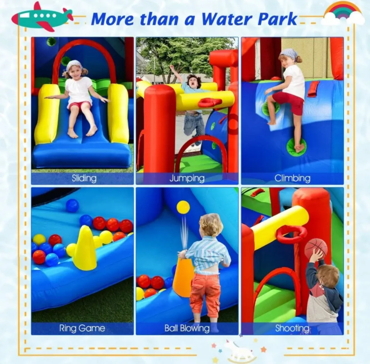 Super Cool & Fun Inflatable 9-in-1 Bouncy Kids Water Park With Slide | 860W Blower | Jumping | Climbing | Ring Game | Ball Blowing | Basketball