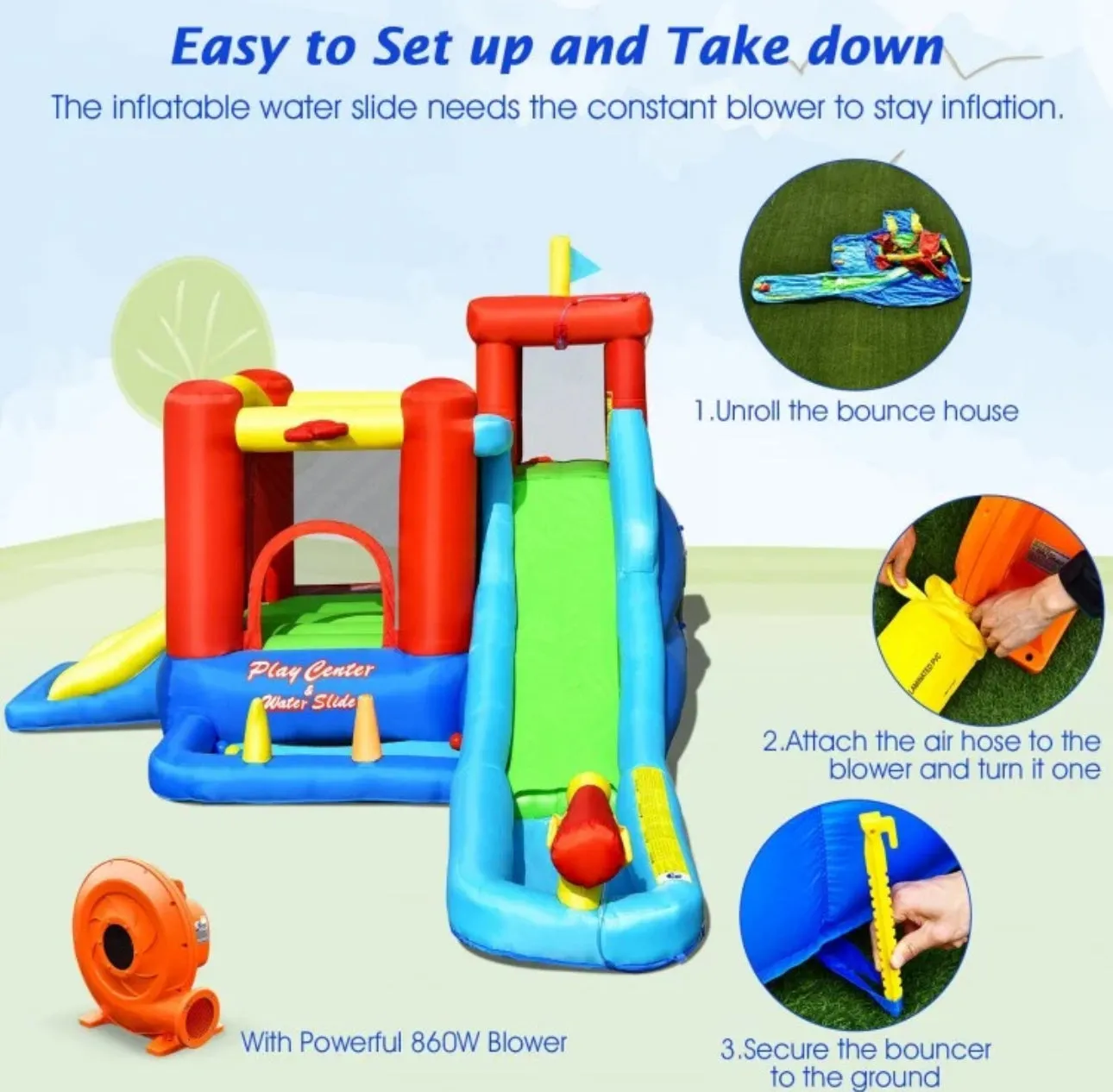 Super Cool & Fun Inflatable 9-in-1 Bouncy Kids Water Park With Slide | 860W Blower | Jumping | Climbing | Ring Game | Ball Blowing | Basketball