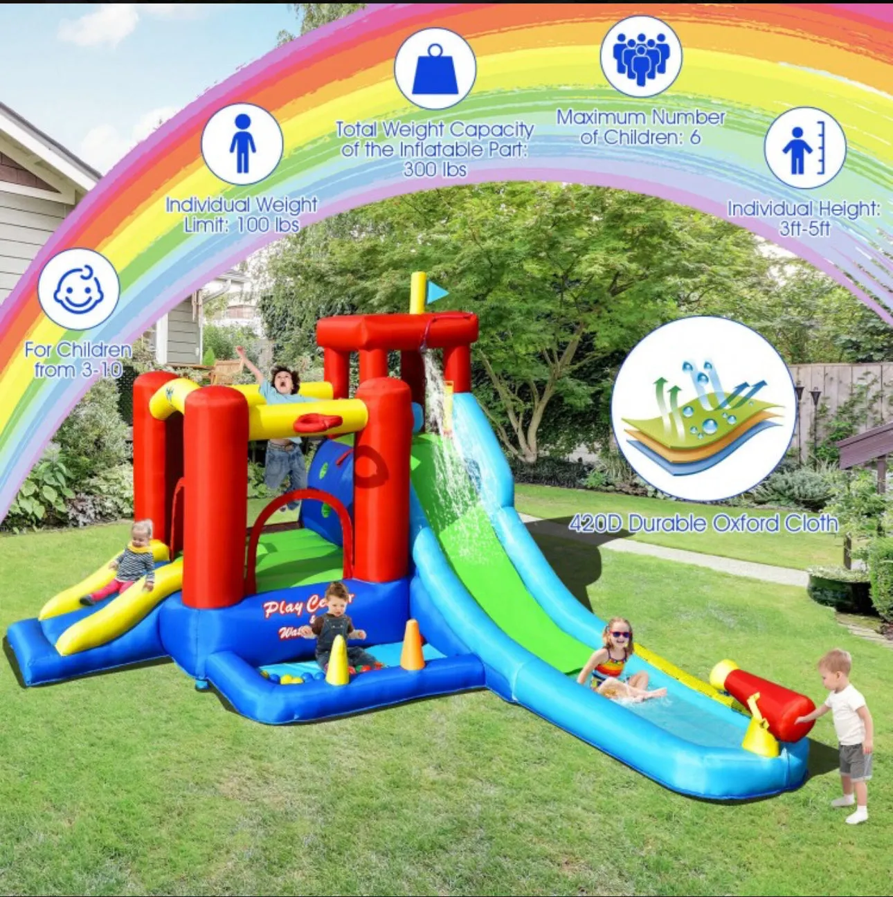 Super Cool & Fun Inflatable 9-in-1 Bouncy Kids Water Park With Slide | 860W Blower | Jumping | Climbing | Ring Game | Ball Blowing | Basketball