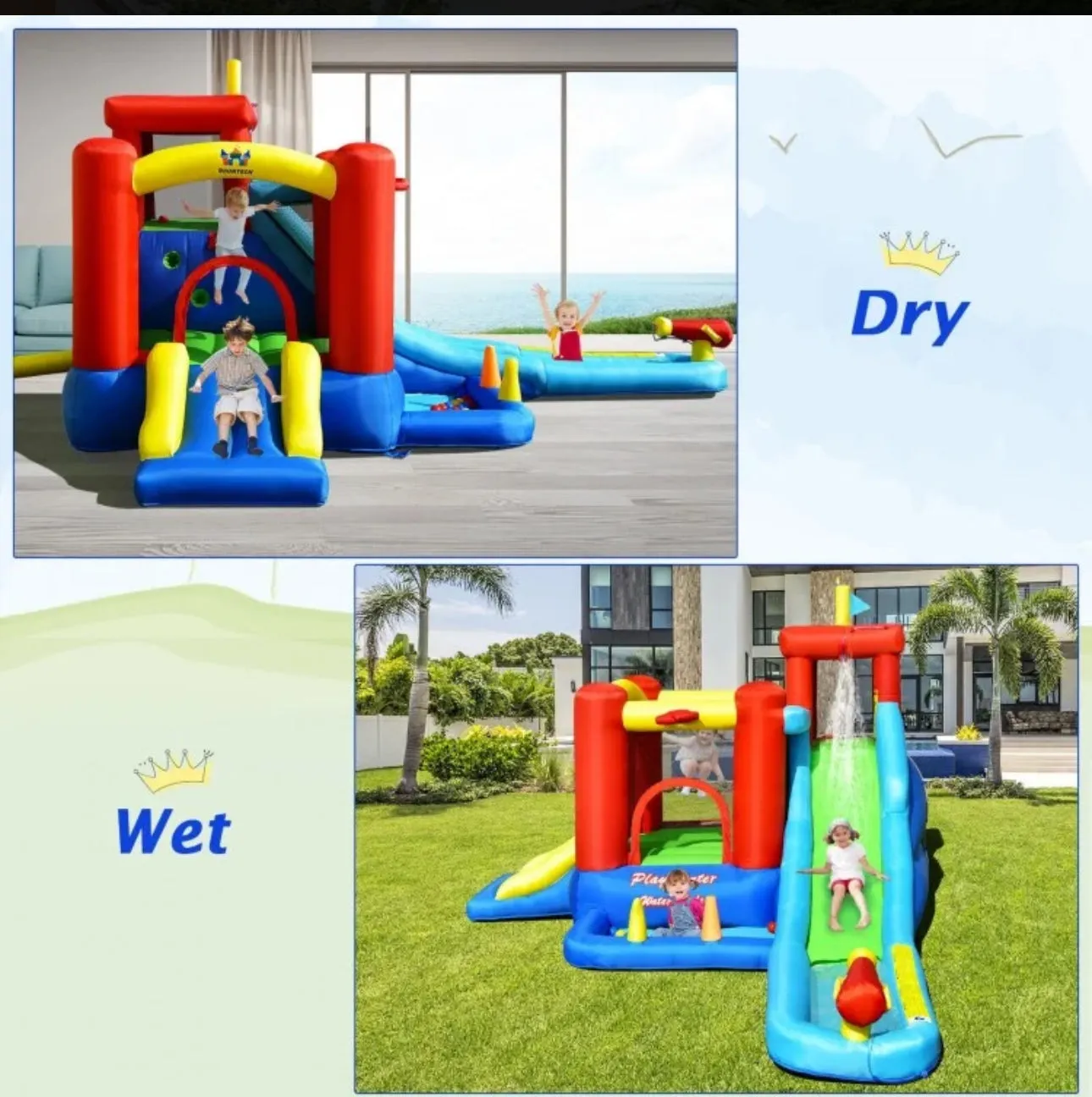 Super Cool & Fun Inflatable 9-in-1 Bouncy Kids Water Park With Slide | 860W Blower | Jumping | Climbing | Ring Game | Ball Blowing | Basketball