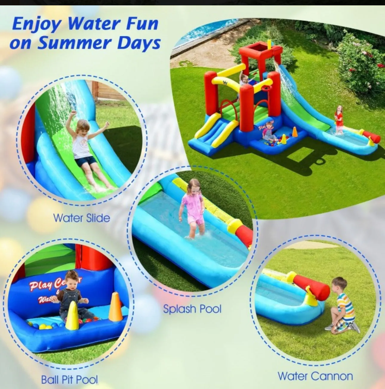 Super Cool & Fun Inflatable 9-in-1 Bouncy Kids Water Park With Slide | 860W Blower | Jumping | Climbing | Ring Game | Ball Blowing | Basketball