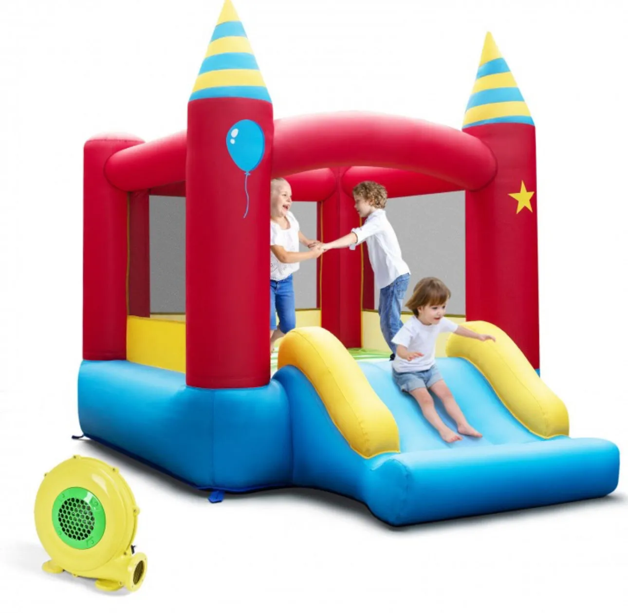 Super Fun Party Theme Bouncy Castle With 480 Watt Blower | Endless Fun | Carry Bag | Stakes | Repair Kit | High Quality | Easy Set Up