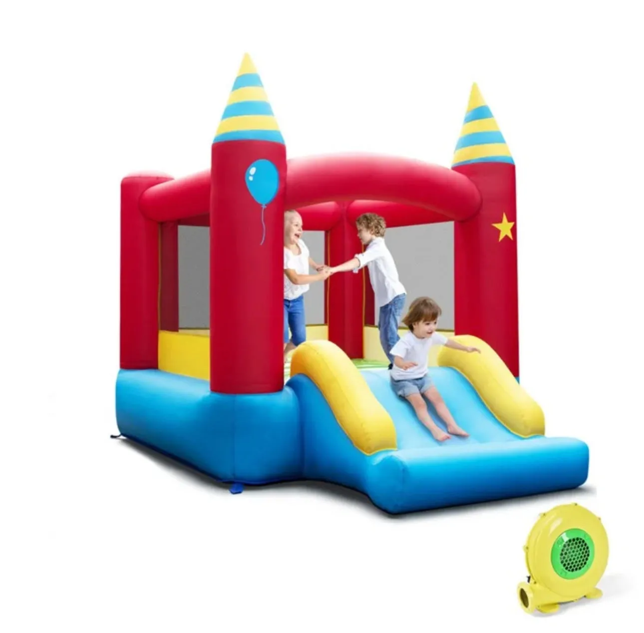 Super Fun Party Theme Bouncy Castle With 480 Watt Blower | Endless Fun | Carry Bag | Stakes | Repair Kit | High Quality | Easy Set Up