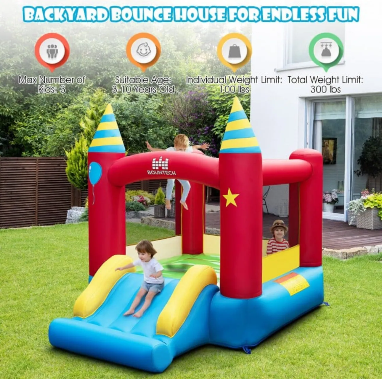 Super Fun Party Theme Bouncy Castle With 480 Watt Blower | Endless Fun | Carry Bag | Stakes | Repair Kit | High Quality | Easy Set Up