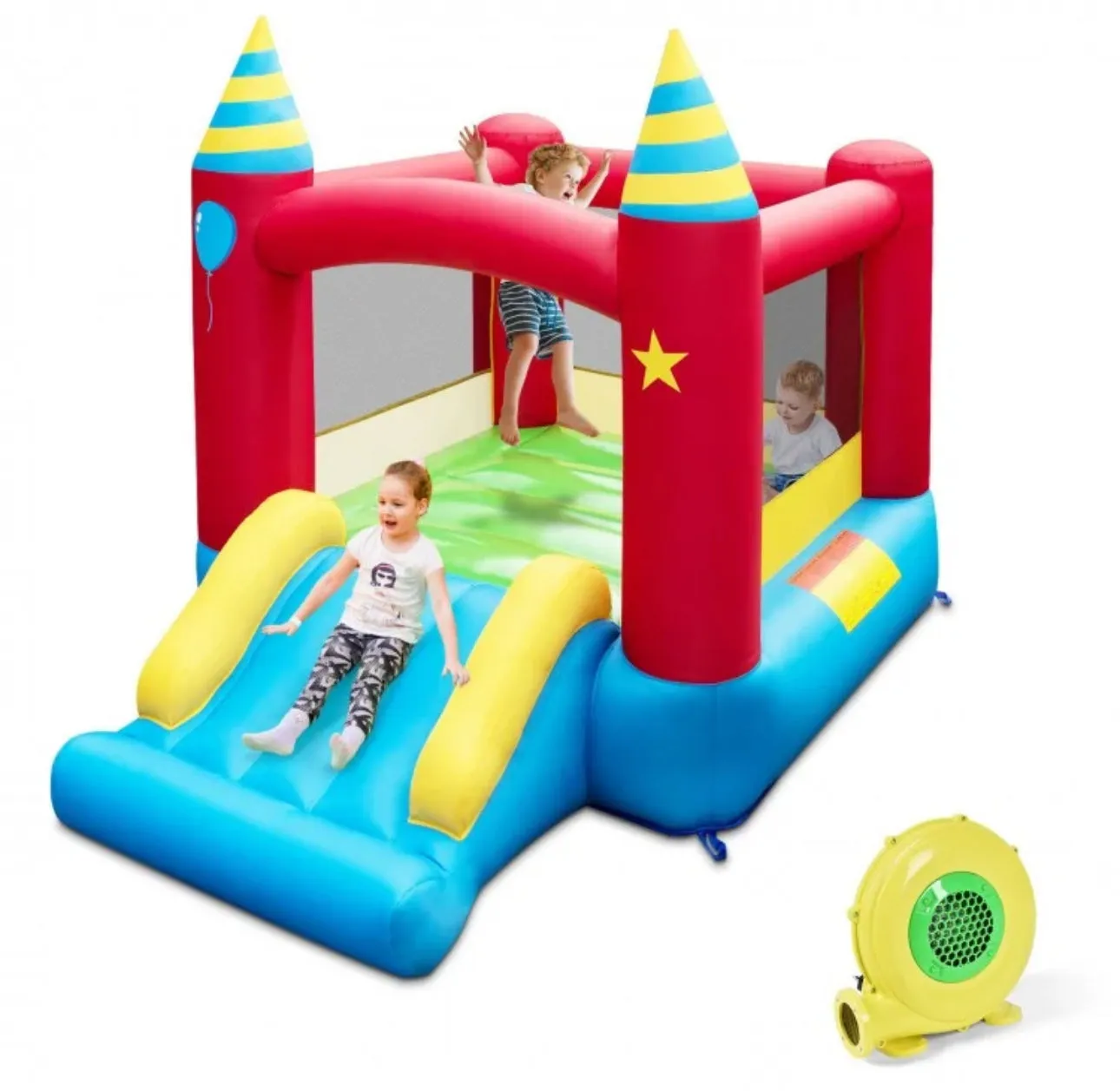 Super Fun Party Theme Bouncy Castle With 480 Watt Blower | Endless Fun | Carry Bag | Stakes | Repair Kit | High Quality | Easy Set Up