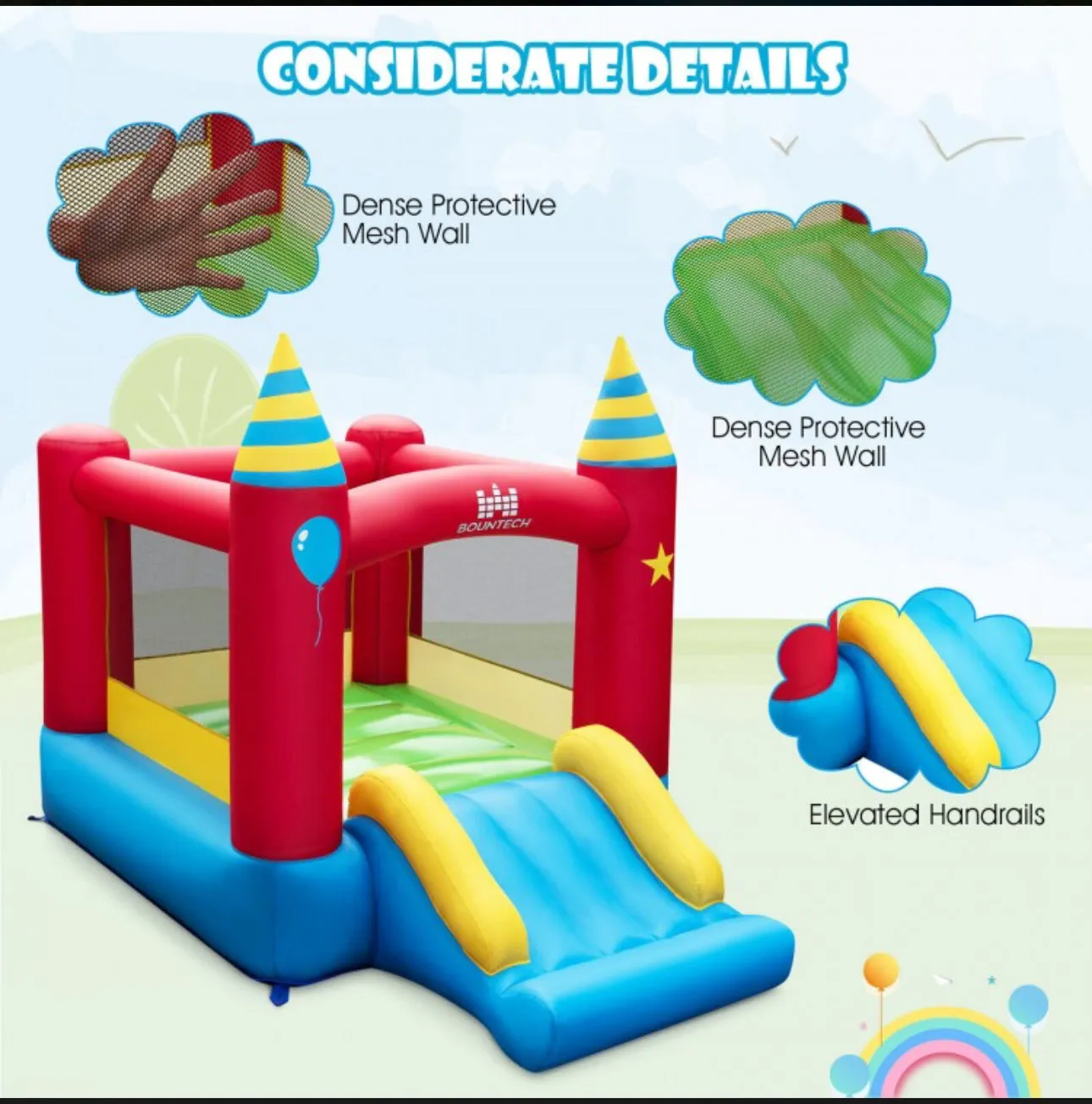 Super Fun Party Theme Bouncy Castle With 480 Watt Blower | Endless Fun | Carry Bag | Stakes | Repair Kit | High Quality | Easy Set Up