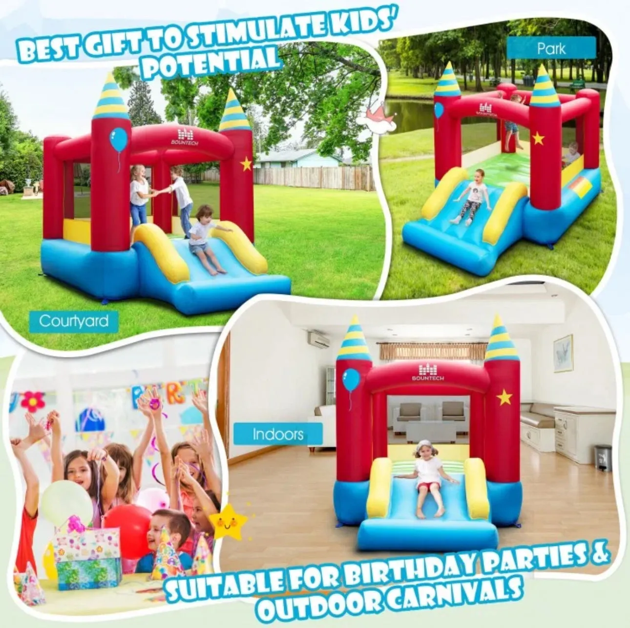 Super Fun Party Theme Bouncy Castle With 480 Watt Blower | Endless Fun | Carry Bag | Stakes | Repair Kit | High Quality | Easy Set Up