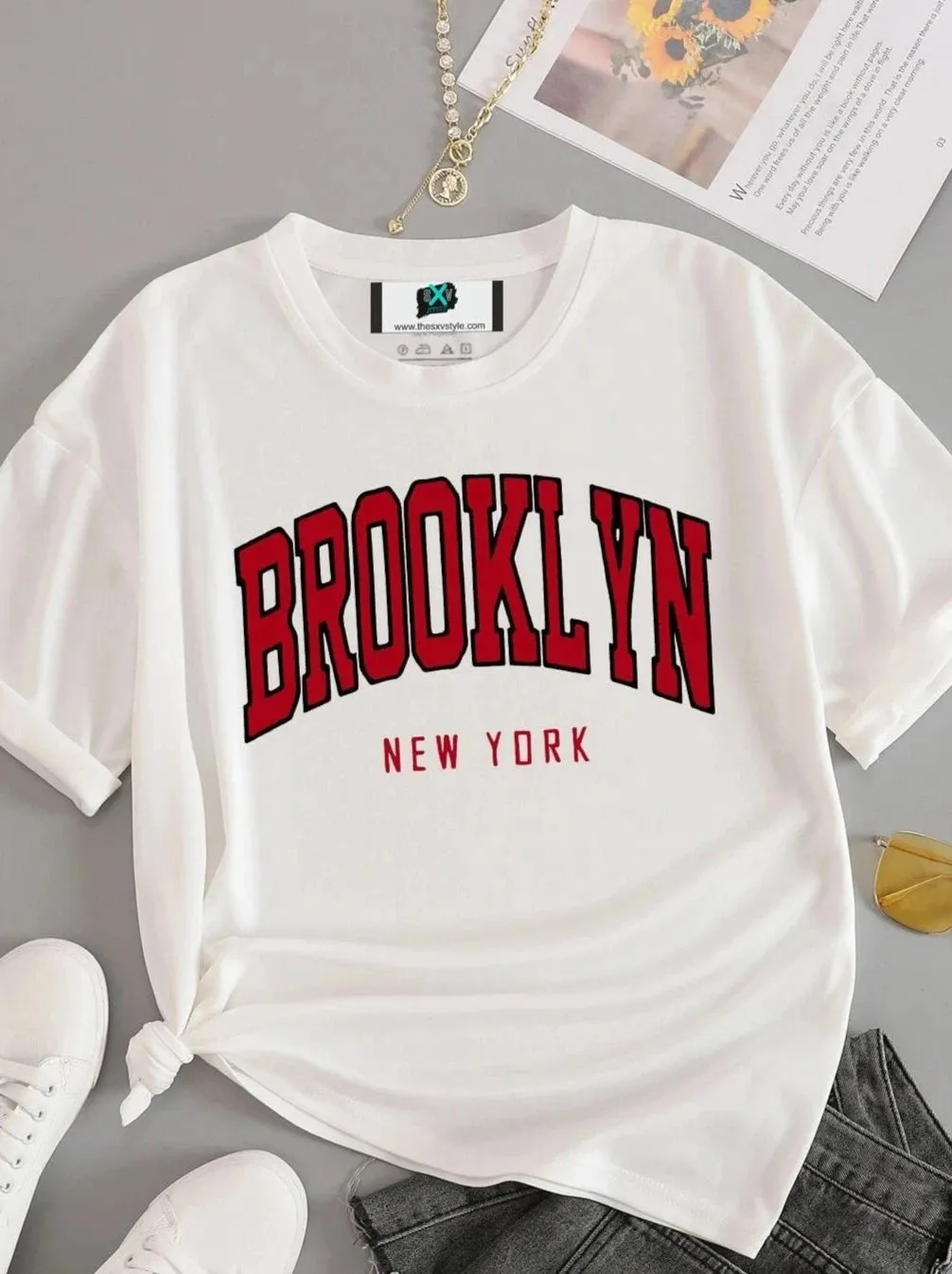 SXV  'BROOKLYN newyork’ Printed Cool Aesthetic Oversized T-shirt (ONLY T-SHIRT)