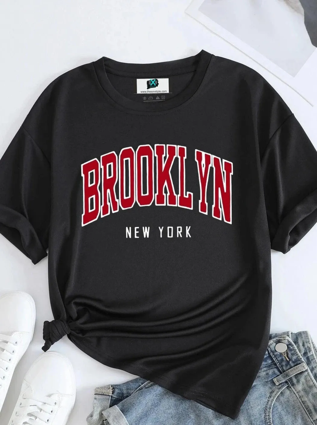 SXV  'BROOKLYN newyork’ Printed Cool Aesthetic Oversized T-shirt (ONLY T-SHIRT)