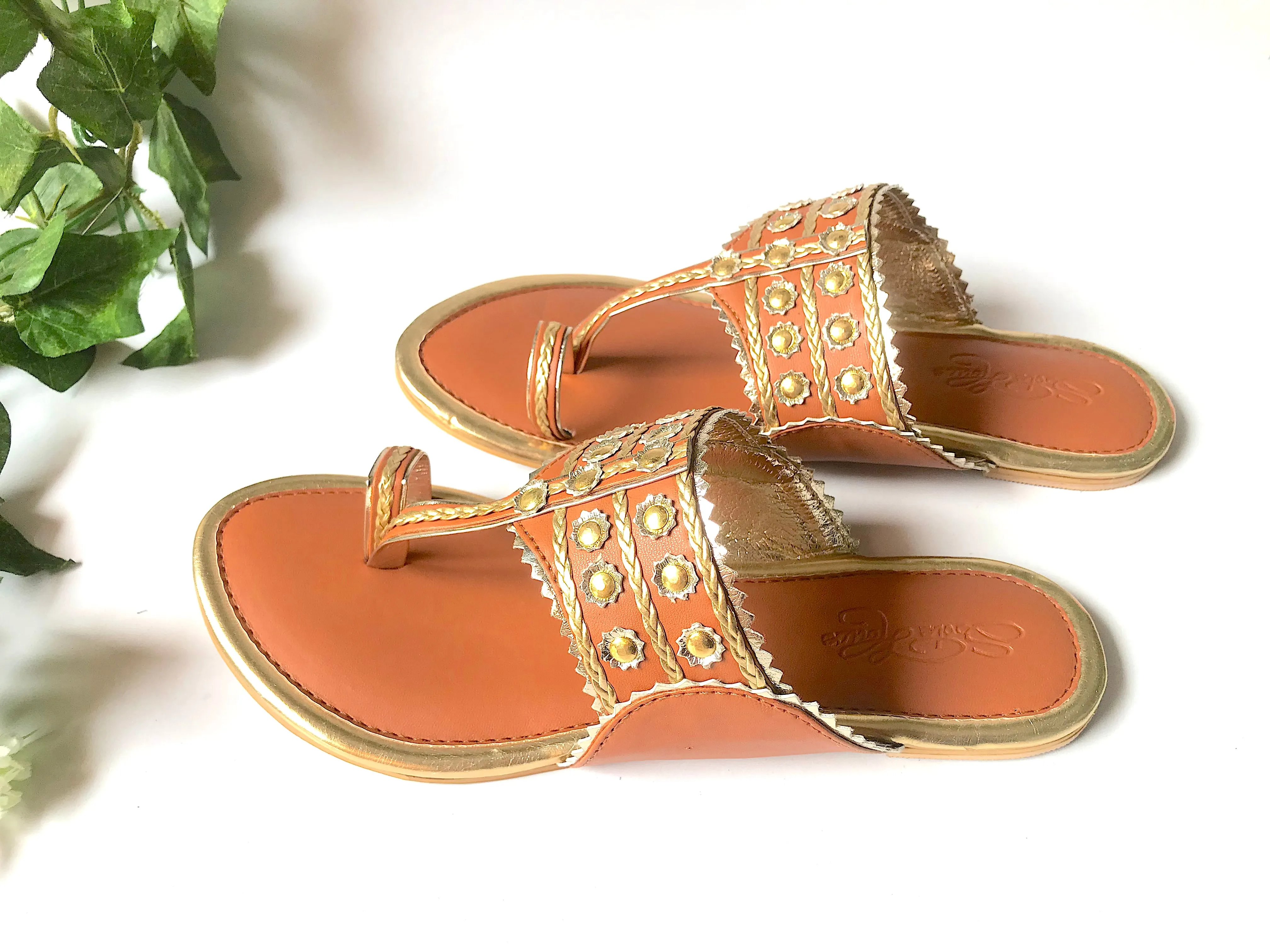 Tan Gold Filigree Kolapuri Flats