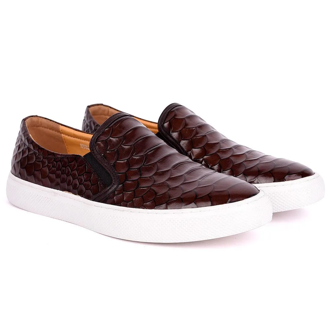 Terry Taylors Crocodile Skin Leather With White Sole Men's Sneaker Shoe- Coffee