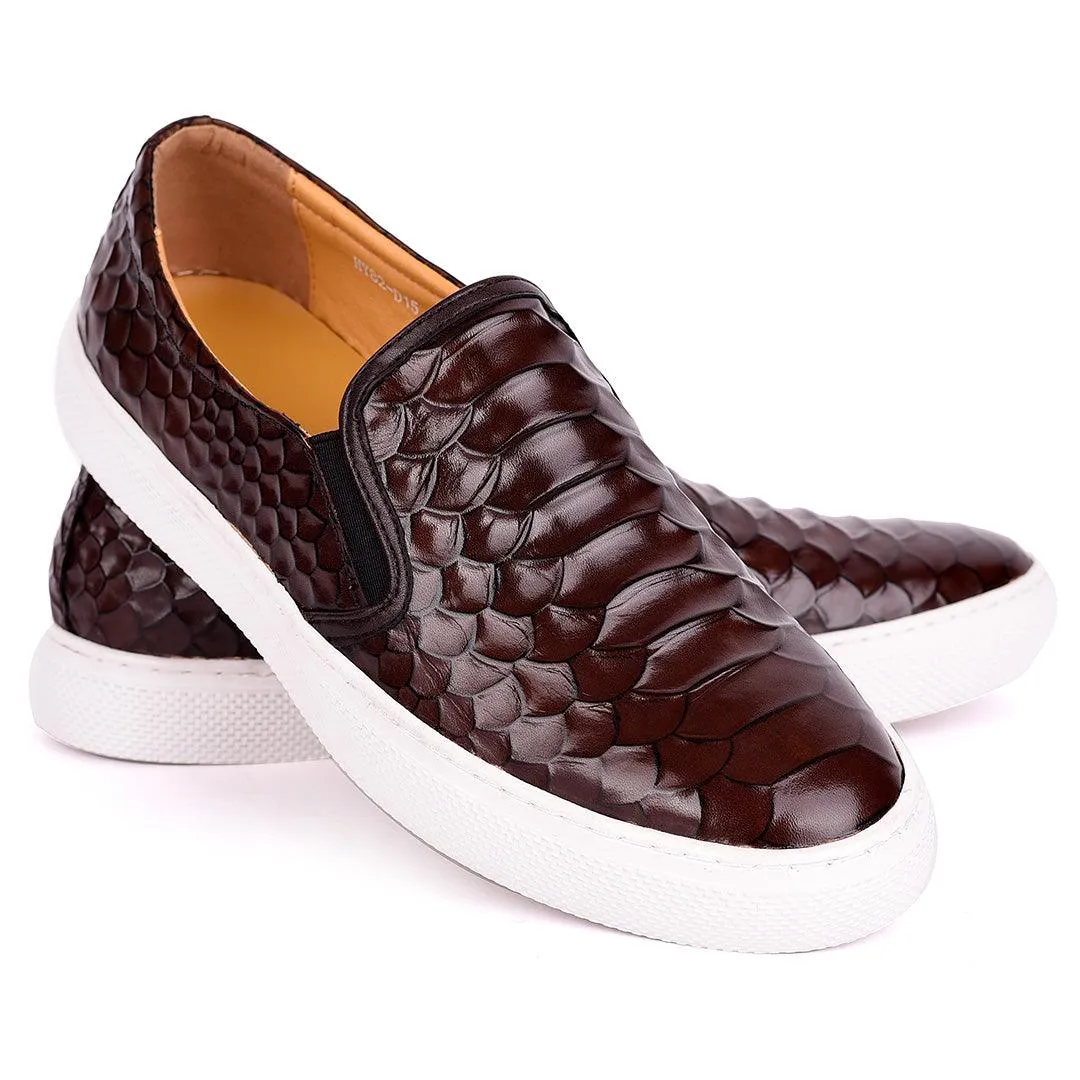 Terry Taylors Crocodile Skin Leather With White Sole Men's Sneaker Shoe- Coffee