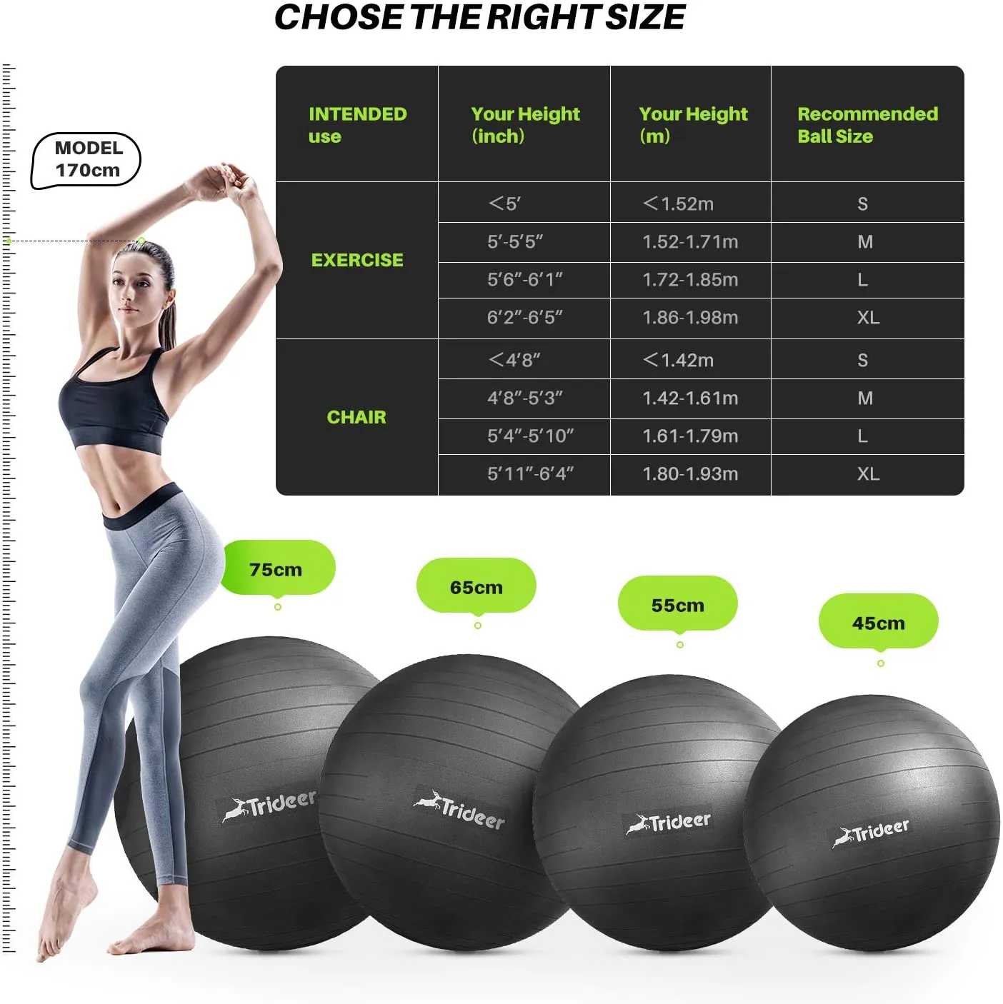 Trideer Extra Thick Yoga & Exercise Ball, 5 Sizes Ball Chair, Heavy Duty to Support 2200lbs, for Balance, Stability, Pregnancy and Physical Therapy, Quick Pump Included