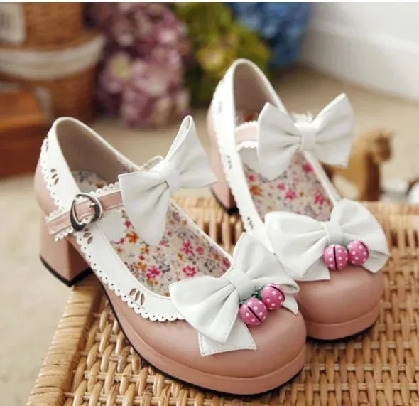 Uniwim Lolita maid women shoes personality strawberry bells bowknot princess lolita shoes round head thick heel cosplay shoes loli