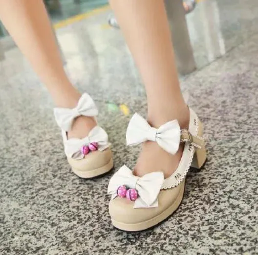 Uniwim Lolita maid women shoes personality strawberry bells bowknot princess lolita shoes round head thick heel cosplay shoes loli