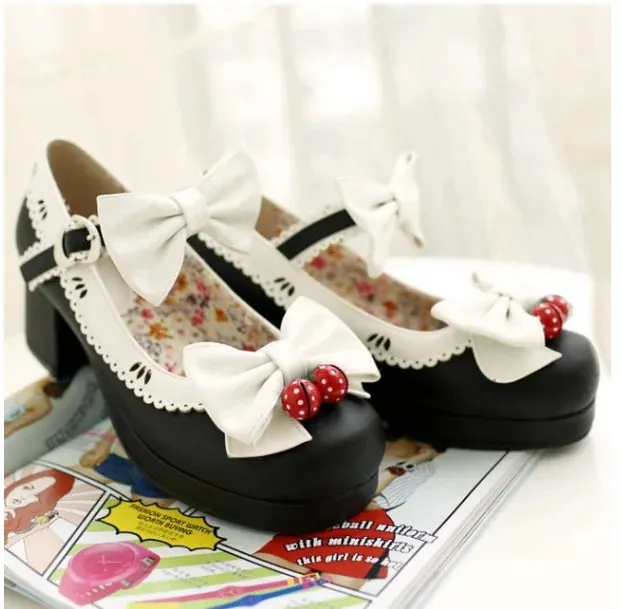 Uniwim Lolita maid women shoes personality strawberry bells bowknot princess lolita shoes round head thick heel cosplay shoes loli