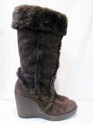 Womens BCBG Suede Sherpa Mukluk Wedge BOOTS Shoes BROWN 7.5 High Heel