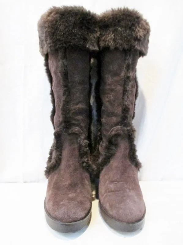 Womens BCBG Suede Sherpa Mukluk Wedge BOOTS Shoes BROWN 7.5 High Heel