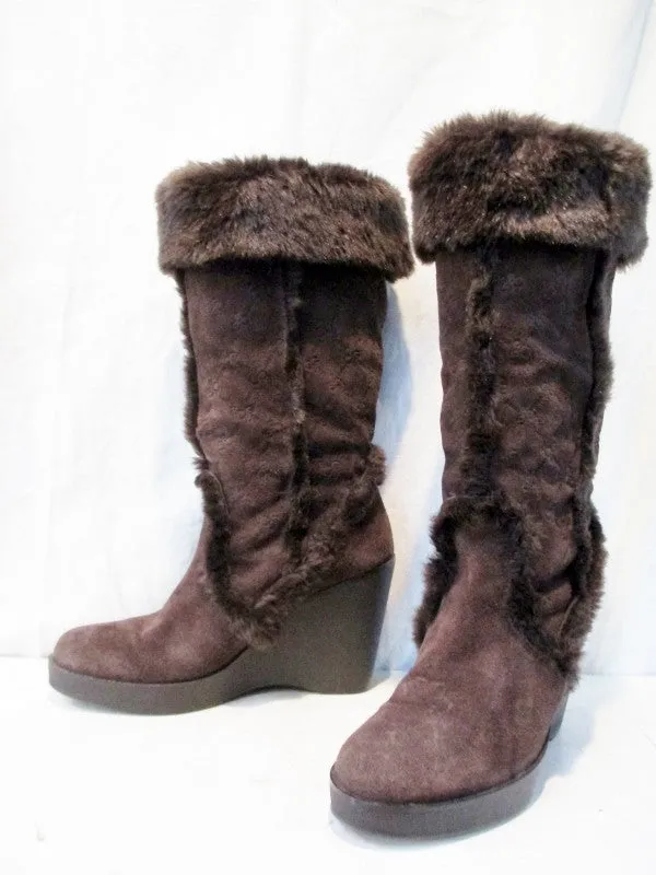 Womens BCBG Suede Sherpa Mukluk Wedge BOOTS Shoes BROWN 7.5 High Heel